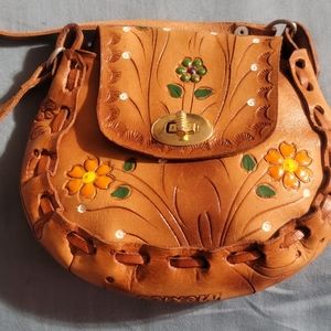 Leather tooled mini Flower purse made in Mexico